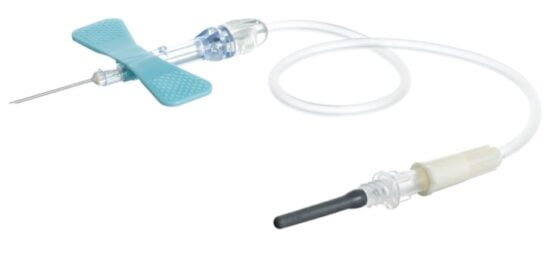 A butterfly needle attached with a winged-infusion blood collection system