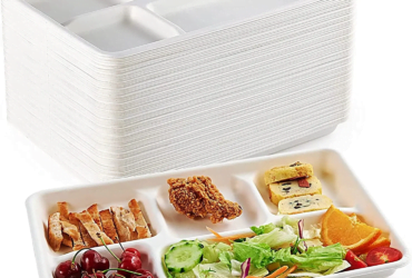 [500 Pack] 5 Compartment Trays 100% Compostable Paper School Bagasse Lunch Trays