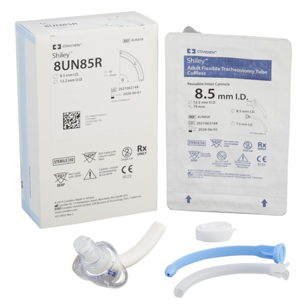 Shiley 8UN85R – Adult Flexible Tracheostomy Tube, Uncuffed, Size 8 (8.5 × 12.2 × 79 mm)