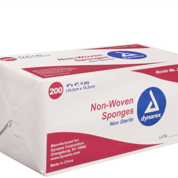 Dynarex 3254 Non-Woven Sponges, Non-Sterile, Gauze Sponges, Highly-Absorbent and with Less Linting, 4"x 4", 4 Ply