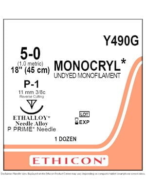 Ethicon Y490G 5-0 Monocryl Undyed 1 in. X 18 in. P-1 11mm. 3/8 Circle Ethicon Y490G 5-0 Monocryl Undyed 1 in. X 18 in. P-1 11mm. 3/8 Circle
