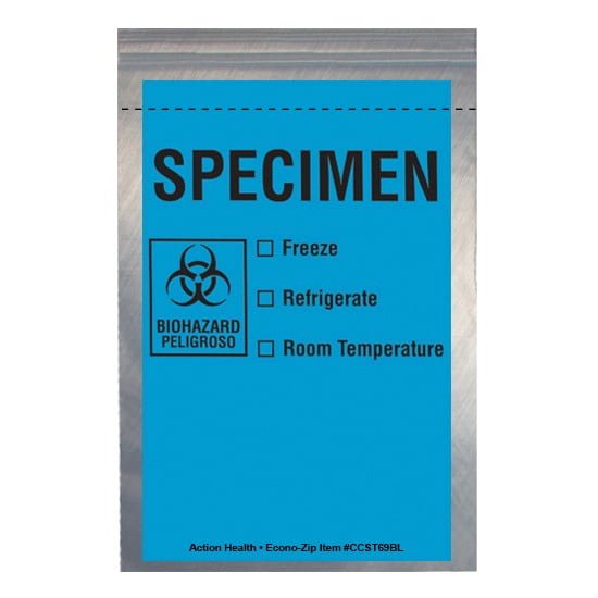 Action Health CCST69BL 6W x 9H, Econo-Zip Color Specimen Bags CS/1000