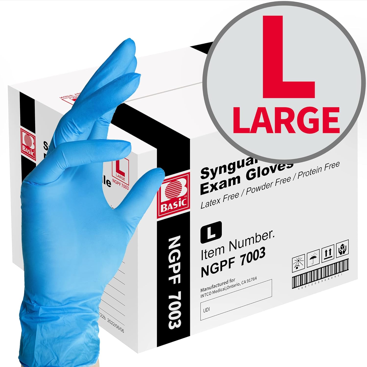 71hhmbVleCL._SL1500_ Intco Basic Medical Blue Nitrile Exam Gloves NGPF-7003 (Case of 1,000), Large - Image 1