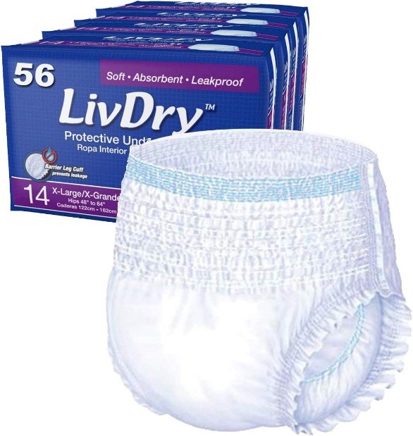 LivDry Adult XL Incontinence Underwear, Extra Absorbency Adult Disposable Diapers, Leak Protection, X-Large, 56-Pack