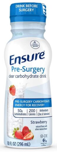 Abbott Ensure pre-surgery drink is a low-calorie drink which is fat-free Abbott Ensure pre-surgery drink is a low-calorie drink which is fat-free