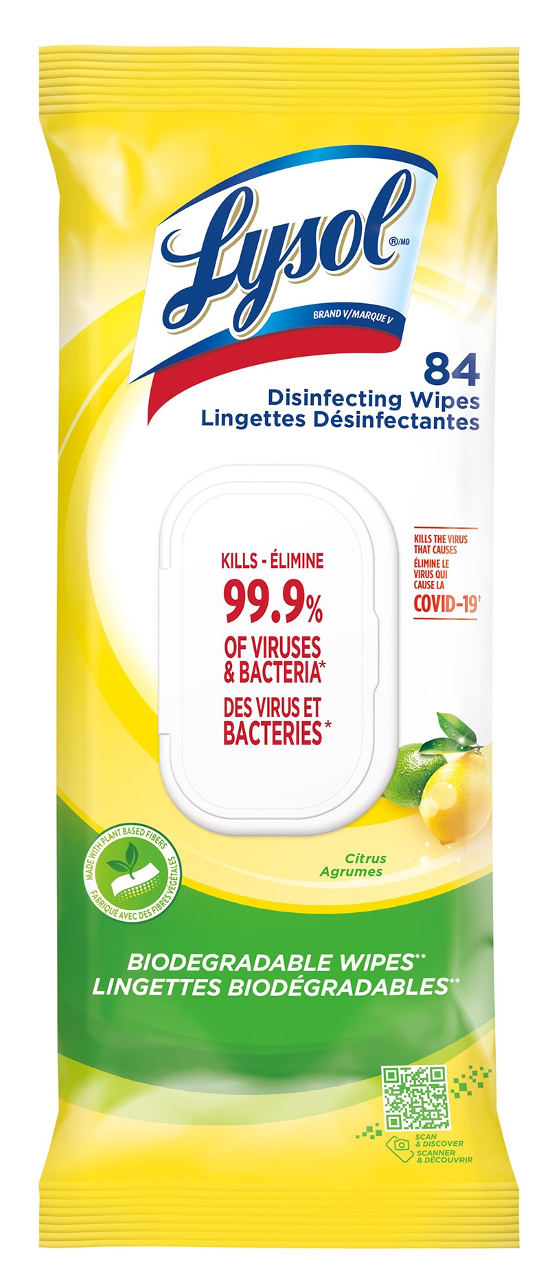 Lysol Flatleaf Canada Citrus Lysol Disinfecting Wipes, Citrus Scent, 84 Count, Kills 99.9% of Germs - Image 1