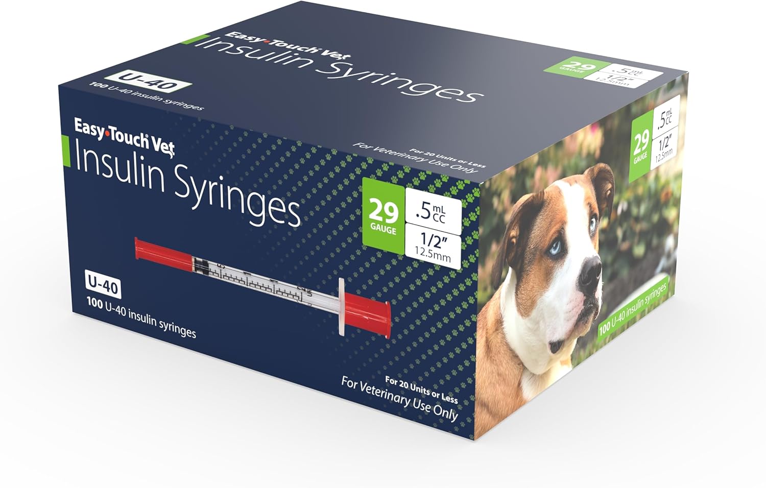 EasyTouch® Vet U-40 Insulin Syringe – 29G x ½", 0.5cc, for Pets, 100/BOX | 500/CASE EasyTouch® Vet U-40 Insulin Syringe – 29G x ½", 0.5cc, for Pets, 100/BOX | 500/CASE