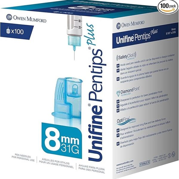 Unifine Pentips Plus Pen Needles 8mm x 31G – 30Count per Box (100 Boxes per Case) – With Safety Removal Chamber