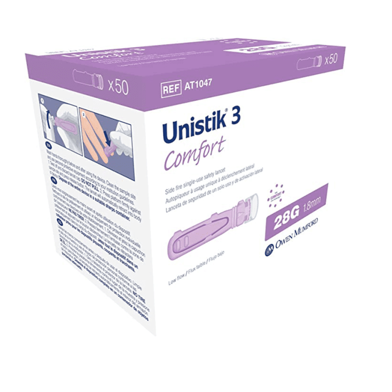 Unistik 3 Comfort Side-Activated Safety Lancets 28G x 1.8mm – Comfortable and Gentle, 50 Count per Box (100 Boxes per Case)