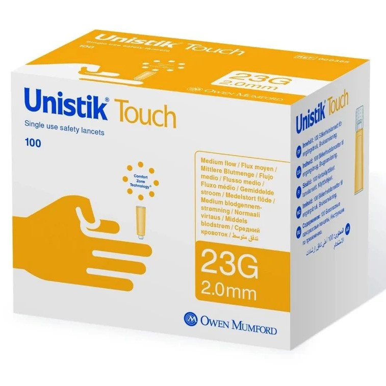 Unistik Touch Medium Flow Contact-Activated Safety Lancets 23G x 2.0mm – Comfortable and gentle, 100 Count per Box (40 Boxes per Case)