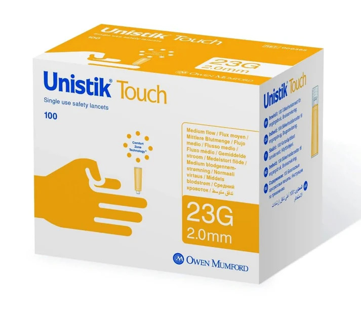 Unistik Touch Medium Flow Contact-Activated Safety Lancets 23G x 2.0mm – Comfortable and gentle, 200 Count per Box (20 Boxes per Case)