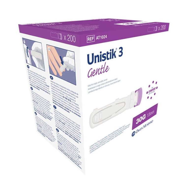 Unistik 3 Gentle Side-Activated Safety Lancets 30G x 1.5mm – Comfortable and Gentle, 200 Count per Box (20 Boxes per Case)