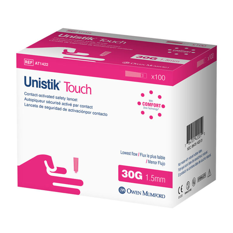 Unistik Touch Lowest Flow Contact-Activated Safety Lancets 30G x 1.5mm – Comfortable and gentle, 100 Count per Box (40 Boxes per Case)