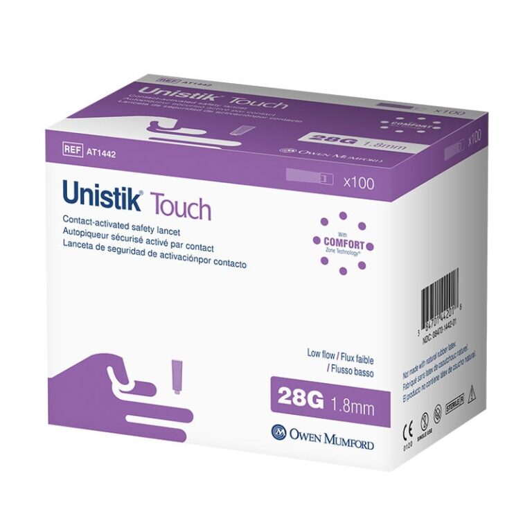 Unistik Touch Low Flow Contact-Activated Safety Lancets 28G x 1.8mm – Comfortable and gentle, 100 Count per Box (40 Boxes per Case)