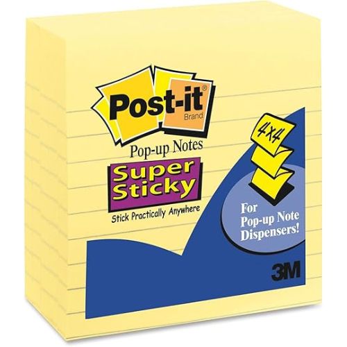 3M Super Sticky Pop-up Notes – Reliable and Strong Hold, Lined, 4 in x 4 in, Canary Yellow