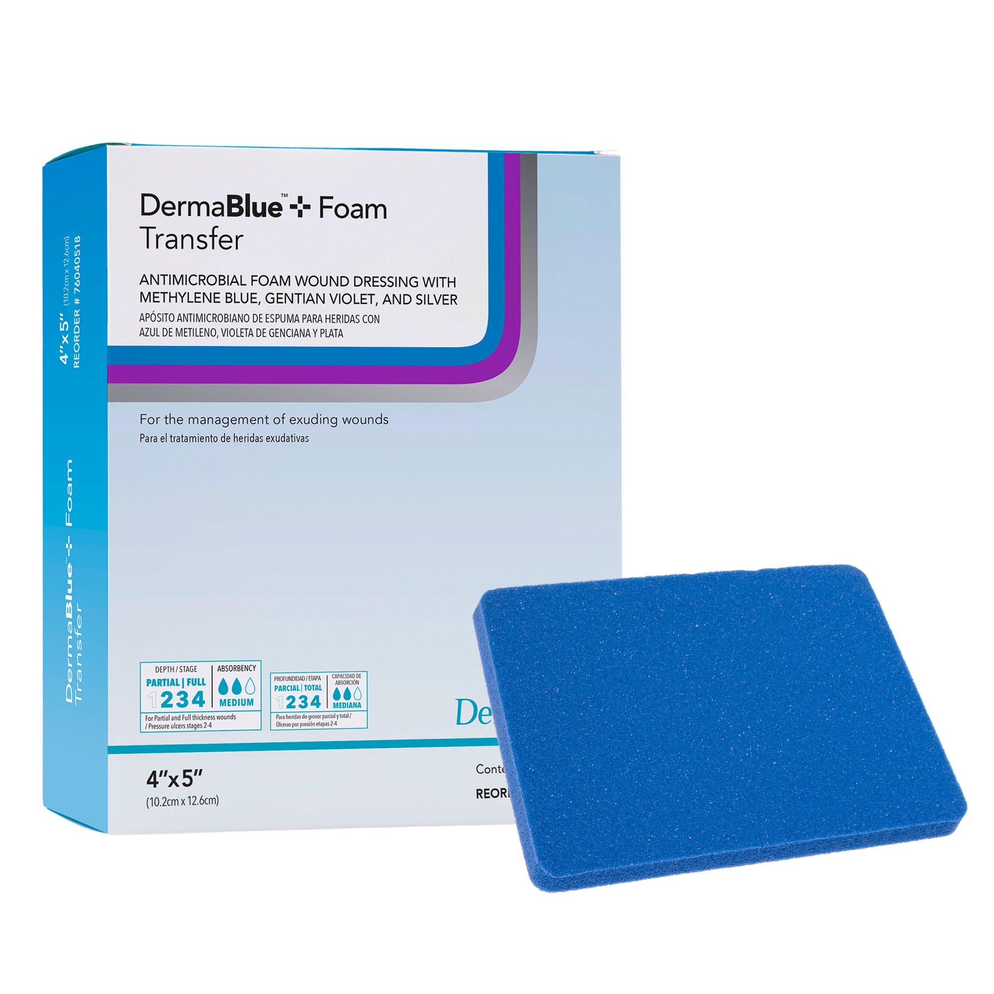 Dermarite 76040514 DermaBlue+ Antimicrobial Foam Wound Dressing 4 in x 5 in – 10 per Box Dermarite 76040514 DermaBlue+ Antimicrobial Foam Wound Dressing 4 in x 5 in – 10 per Box