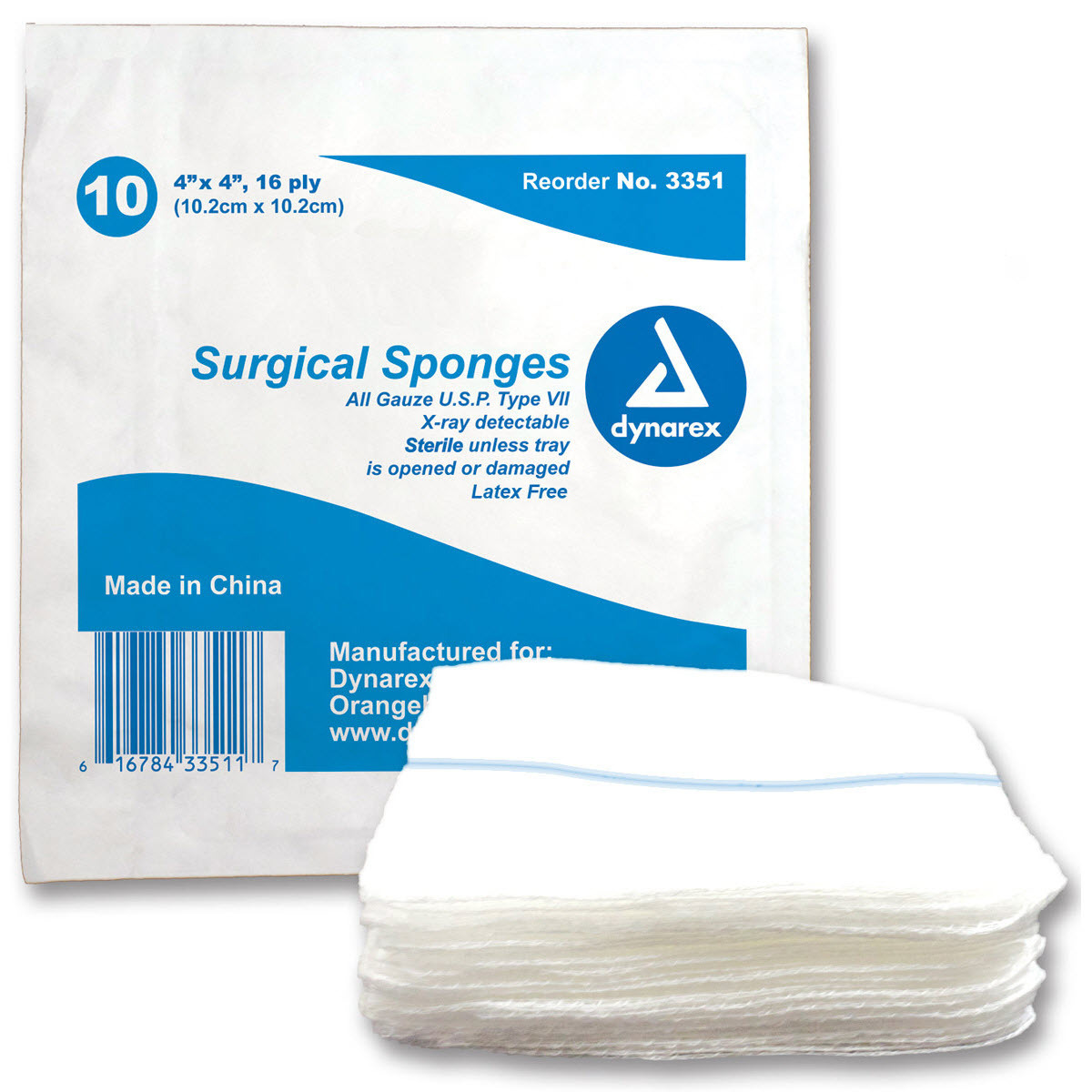 1200Wx1200H_original_3351_9043701432350.jpg Dynarex 3351 Surgical Gauze Sponge - Sterile, X-Ray Detectable, 4" x 4", 128/10/cs