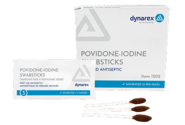 Dynarex 1202 Povidone Iodine Swabsticks, 3 Swabsticks per Packet, 10/25/cs