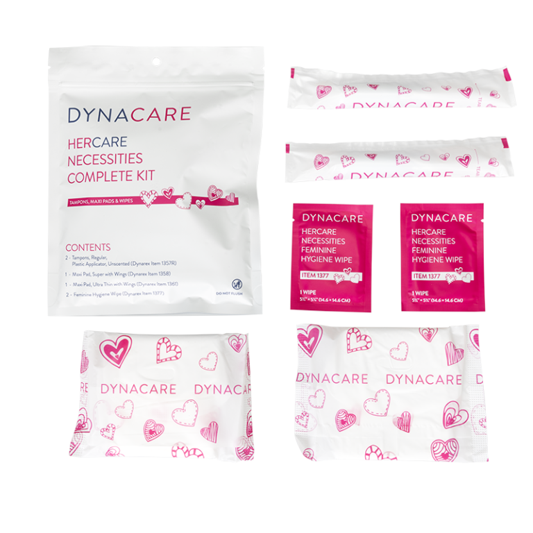 Dynarex 1374 HER Care Necessities Complete Kit, Tampons, Pads & Wipes, 50/cs