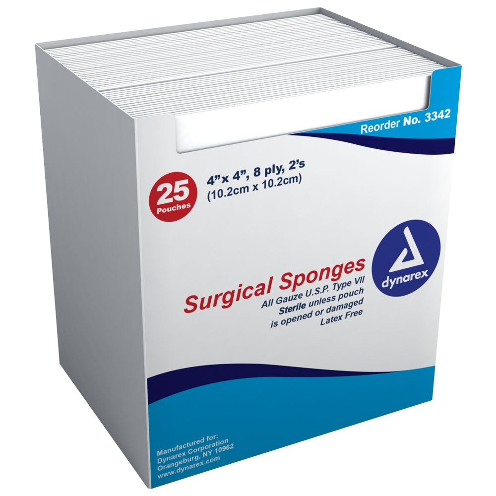 1472017322surgical-gauze-sponge-P.jpg Dynarex 3344 Surgical Gauze Sponge - Sterile 2's, 8" x 4" 12 Ply, 20/25/cs