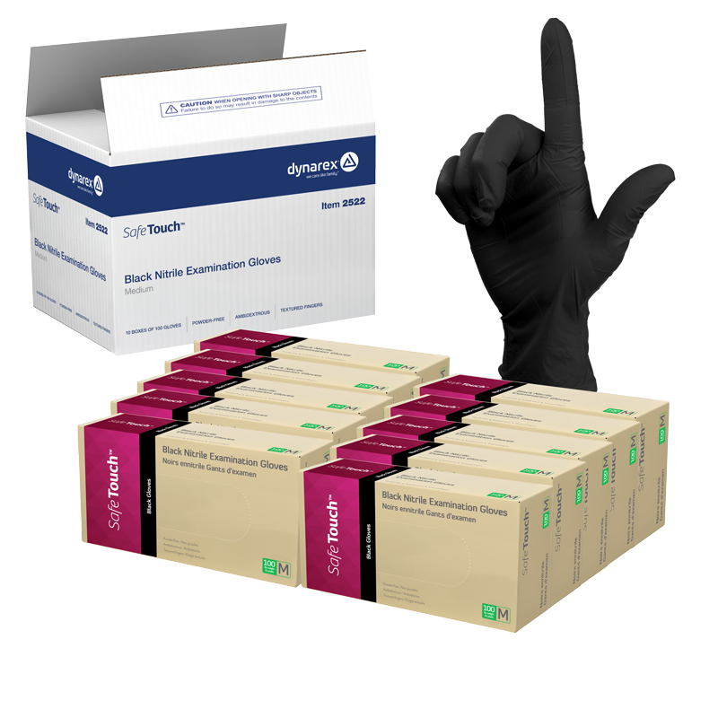 2522-Open-Contents_MC_72dpi.png Dynarex 2522 Safe-Touch Black Nitrile Exam Gloves, Medium, Black, Powder-Free, 10/100/cs