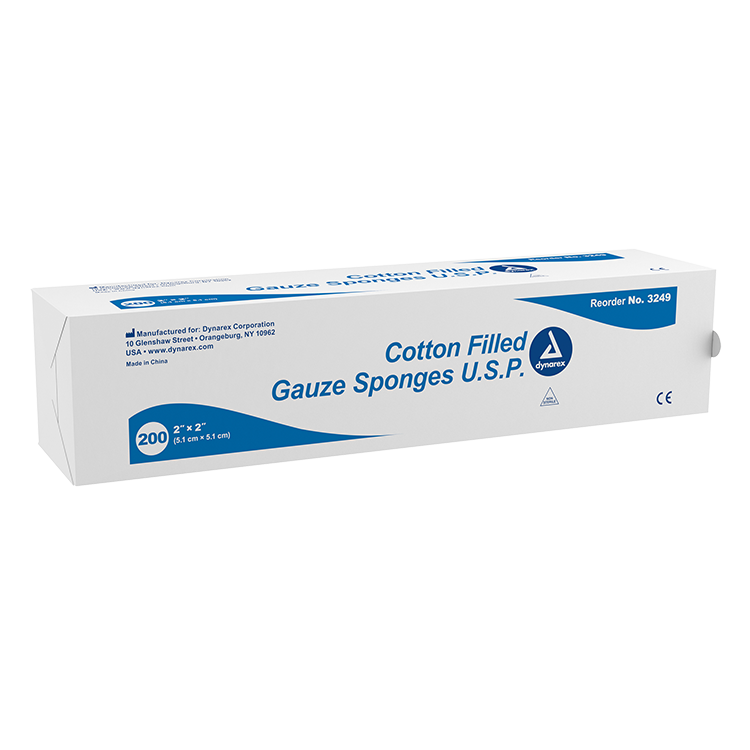 3249.png Dynarex 3249 Cotton Filled Gauze Sponge U.S.P., 2" x 2", 25/200/cs