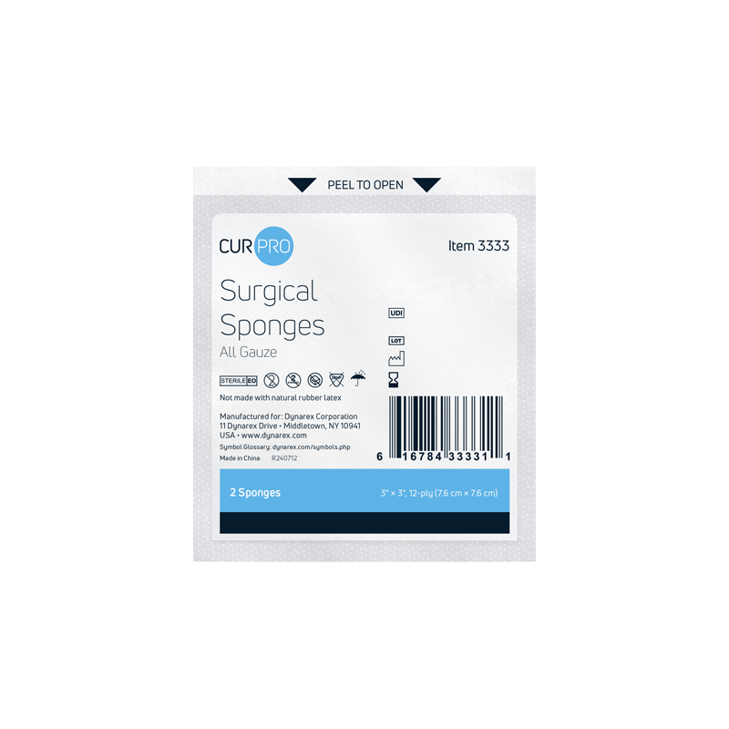 3333-Surgical-Sponge_IN_72dpi.png Dynarex 3333 Surgical Gauze Sponge - Sterile 2's, 3" x 3" 12 Ply, 48/25/cs