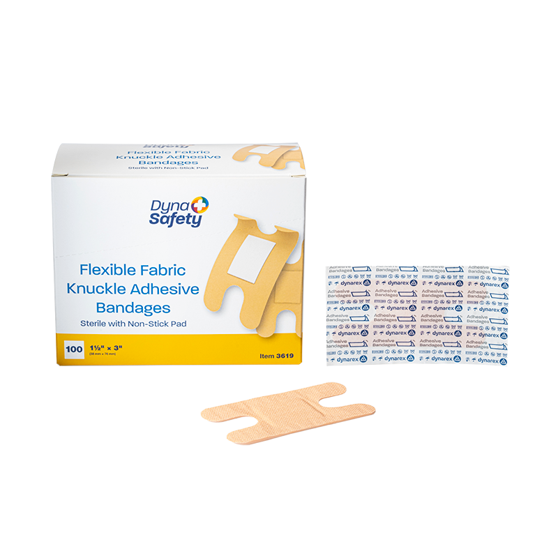 3619_flx-fbrc-knckl-bndg_BX-IN-bndg_72dpi-1.png Dynarex 3619BULK Flexible Fabric Knuckle Adhesive Bandages - Sterile, 1 1/2" x 3", 3000/cs