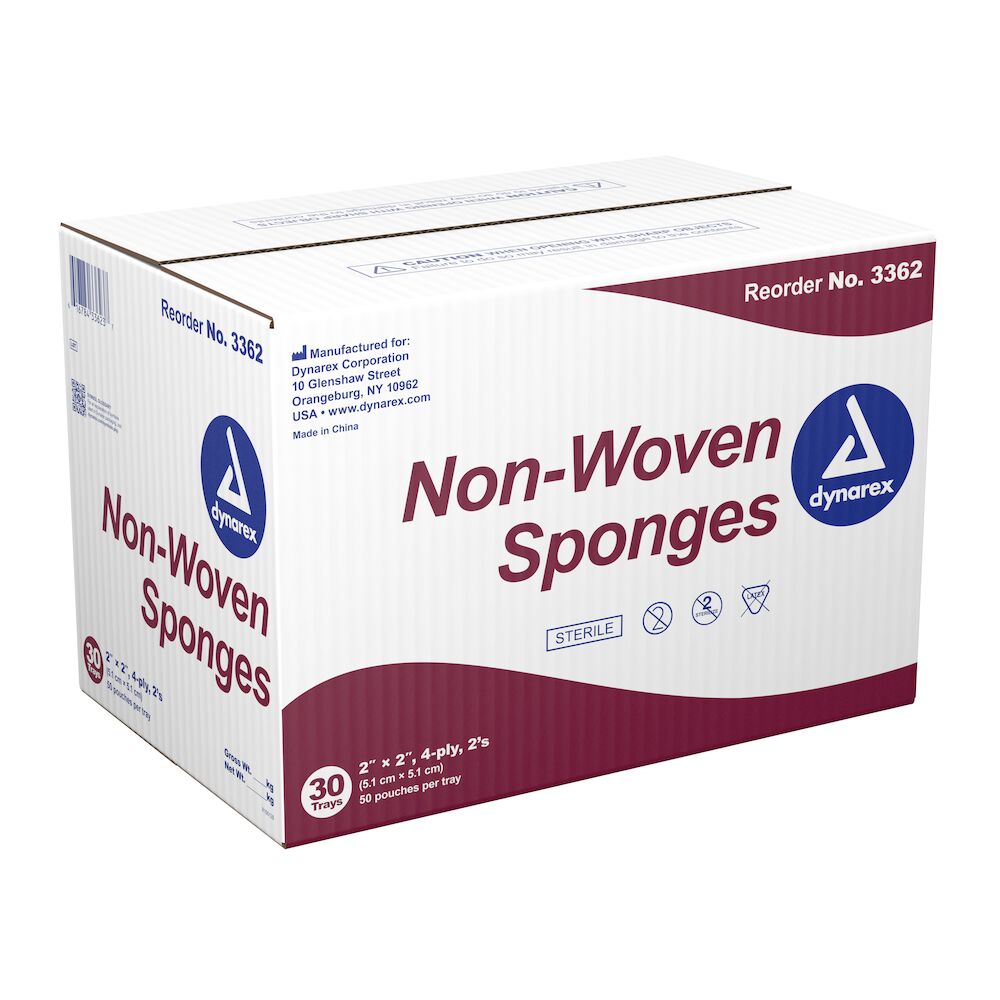 59870-8202.jpg Dynarex 3362 Non-Woven Sponge - Sterile 2's, 2" x 2" 4 Ply, 30/50/cs