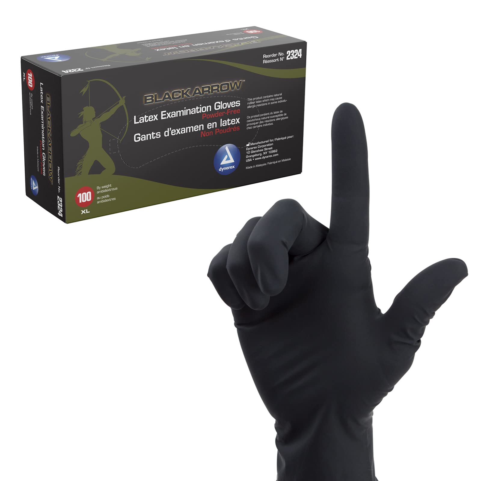 Version 1.0.0 Dynarex 2324 Black Arrow Latex Exam Gloves, X-Large, Powder-Free, 10/100/cs