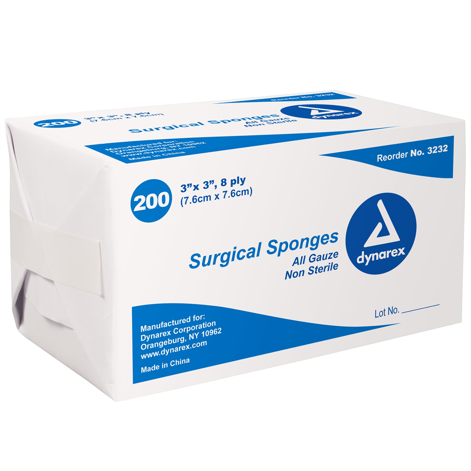 670165_pkgleft.jpg Dynarex 3232 Surgical Gauze Sponge, 3" x 3" 8 Ply, 20/200/cs