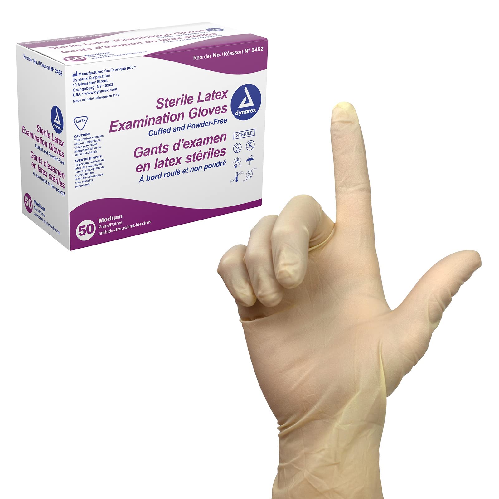 Version 1.0.0 Dynarex 2452 Sterile Latex Exam Gloves, Medium, Powder-Free, 8/50/cs