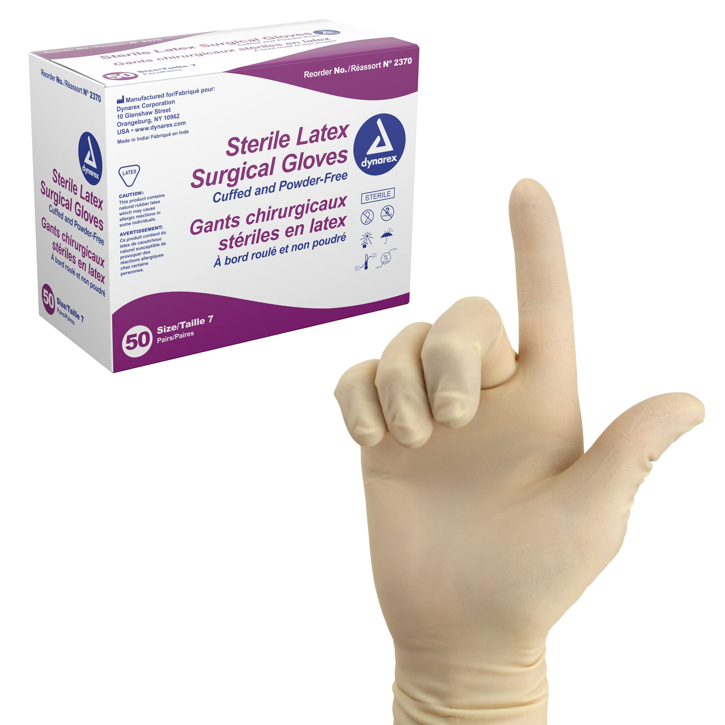 Version 1.0.0 Dynarex 2375 Sterile Latex Surgical Gloves, Size 7.5, Powder-Free, 4/50/cs