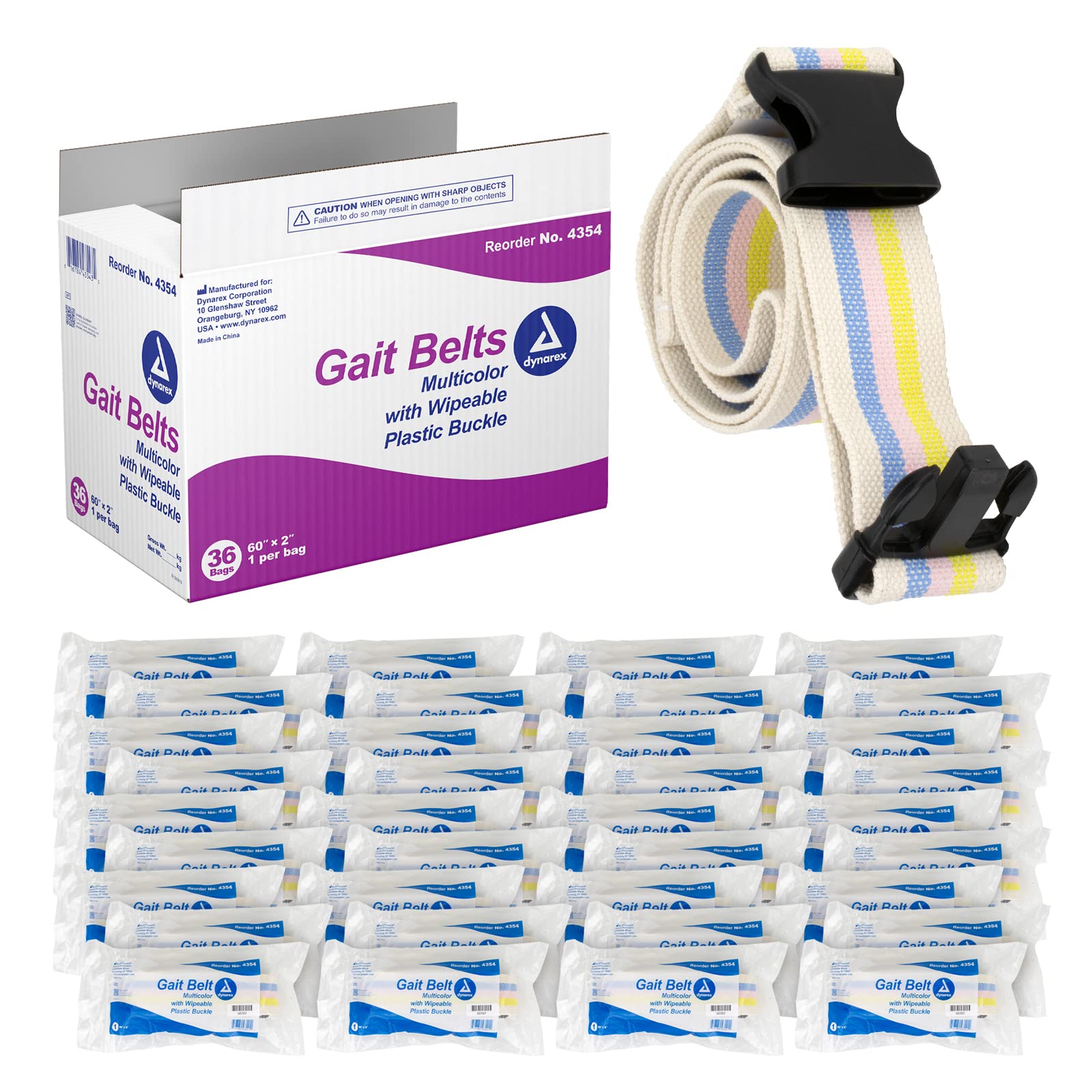 Version 1.0.0 Dynarex 4354 Gait Belt - Wipeable Plastic buckle, 60" x 2", Multi-Color, 1/bag,36 bags/case