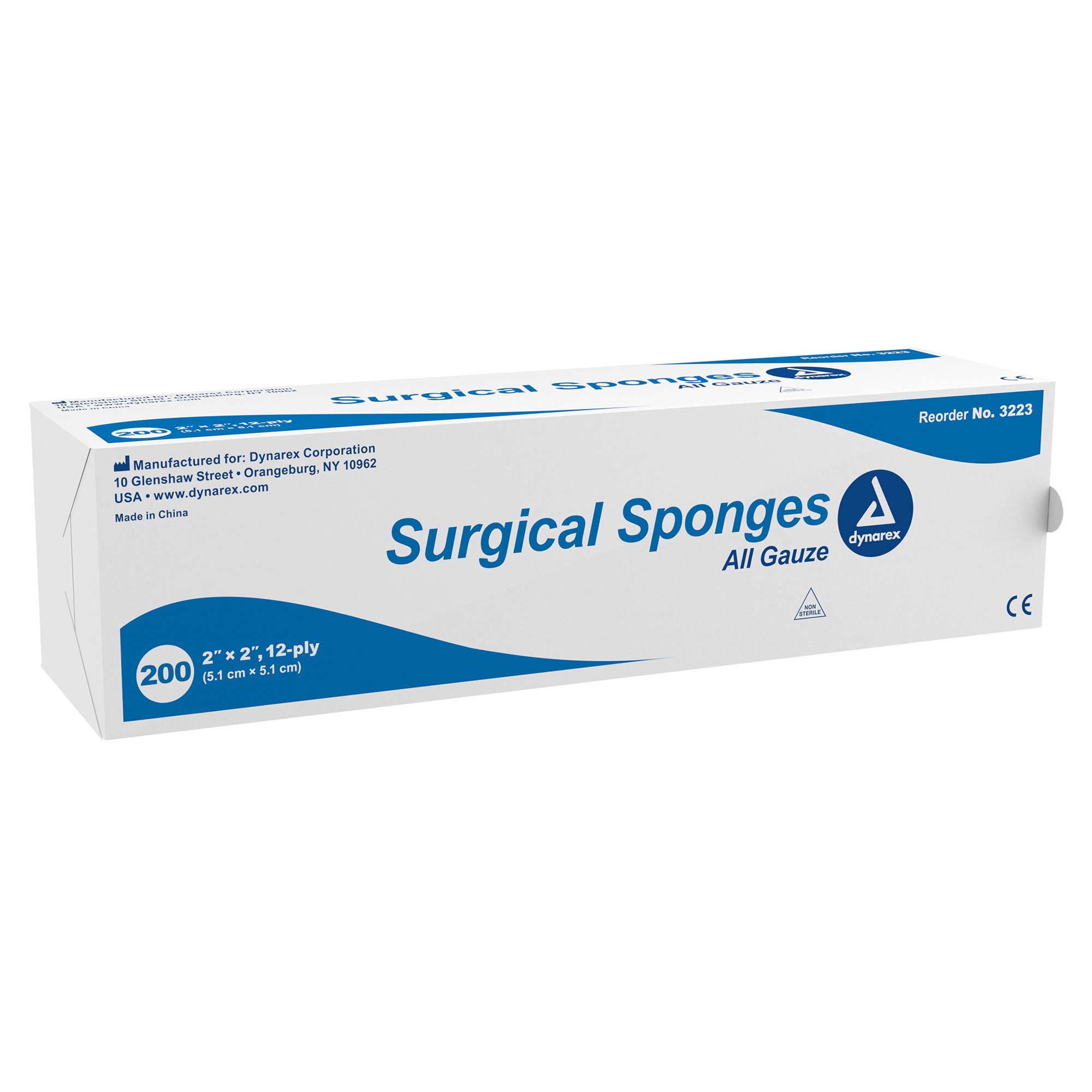 798411_pkgleft.jpg Dynarex 3223 Surgical Gauze Sponge, 2" x 2" 12 Ply, 40/200/cs