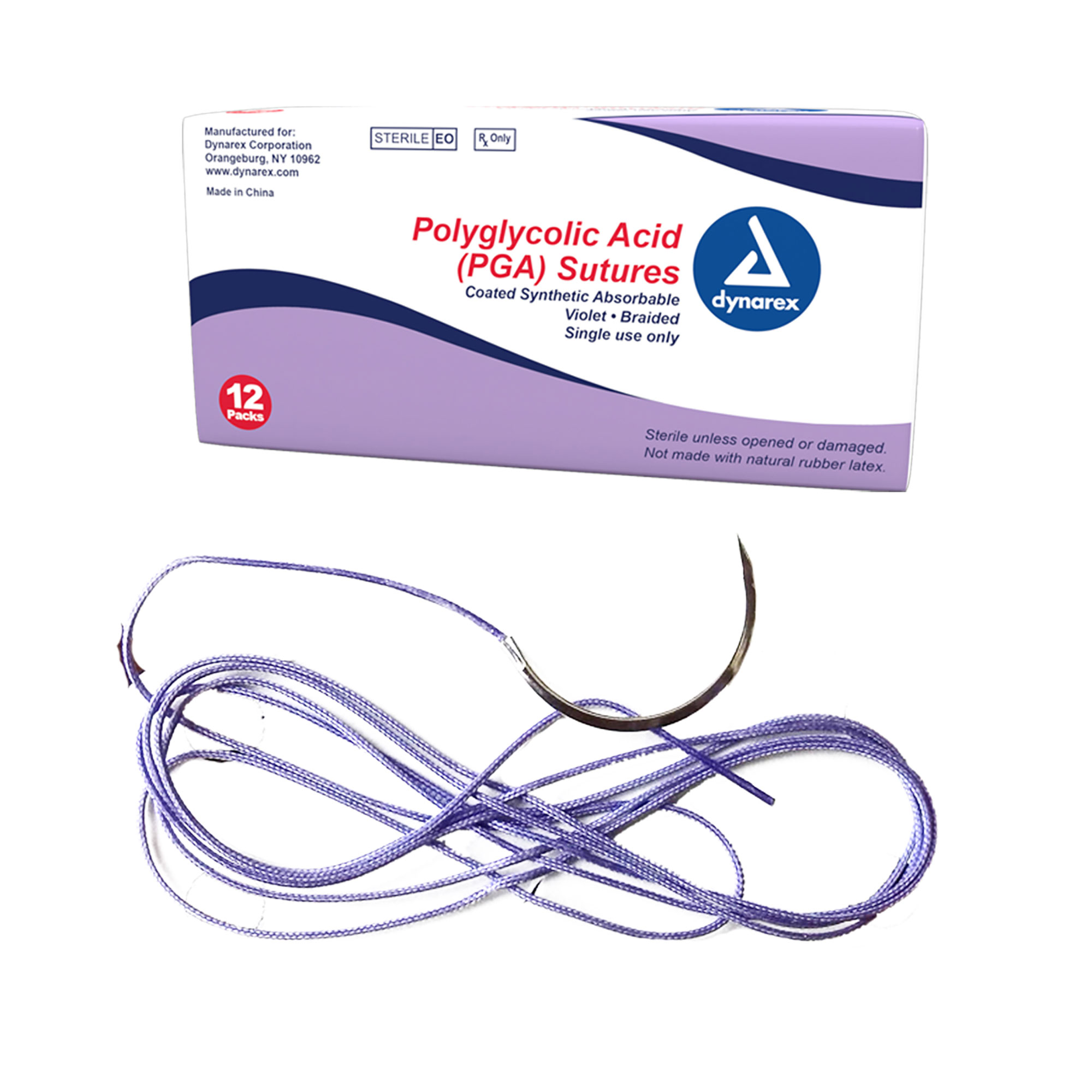 9131.jpg Dynarex 9131 Braided (PGA) Sutures - Absorbable - Synthetic, Violet, 5-0, C3 Needle, 18", 12/bx