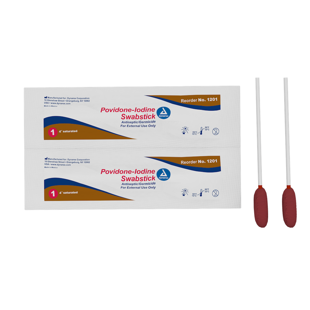Dynarex_1201.png Dynarex 1201 Povidone Iodine Swabsticks, 1 Swabstick per Packet, 10/50/cs