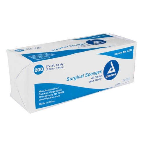 dynarex-3233.jpg Dynarex 3233 Surgical Gauze Sponge, 3" x 3" 12 Ply, 20/200/cs